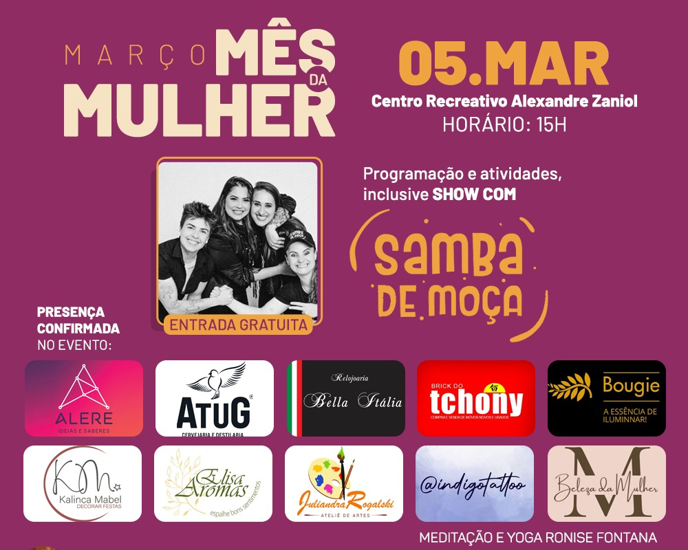 Programação do Dia da Mulher São-Marquense inicia neste fim de semana com Torneio de Vôlei e show da banda Samba de Moça