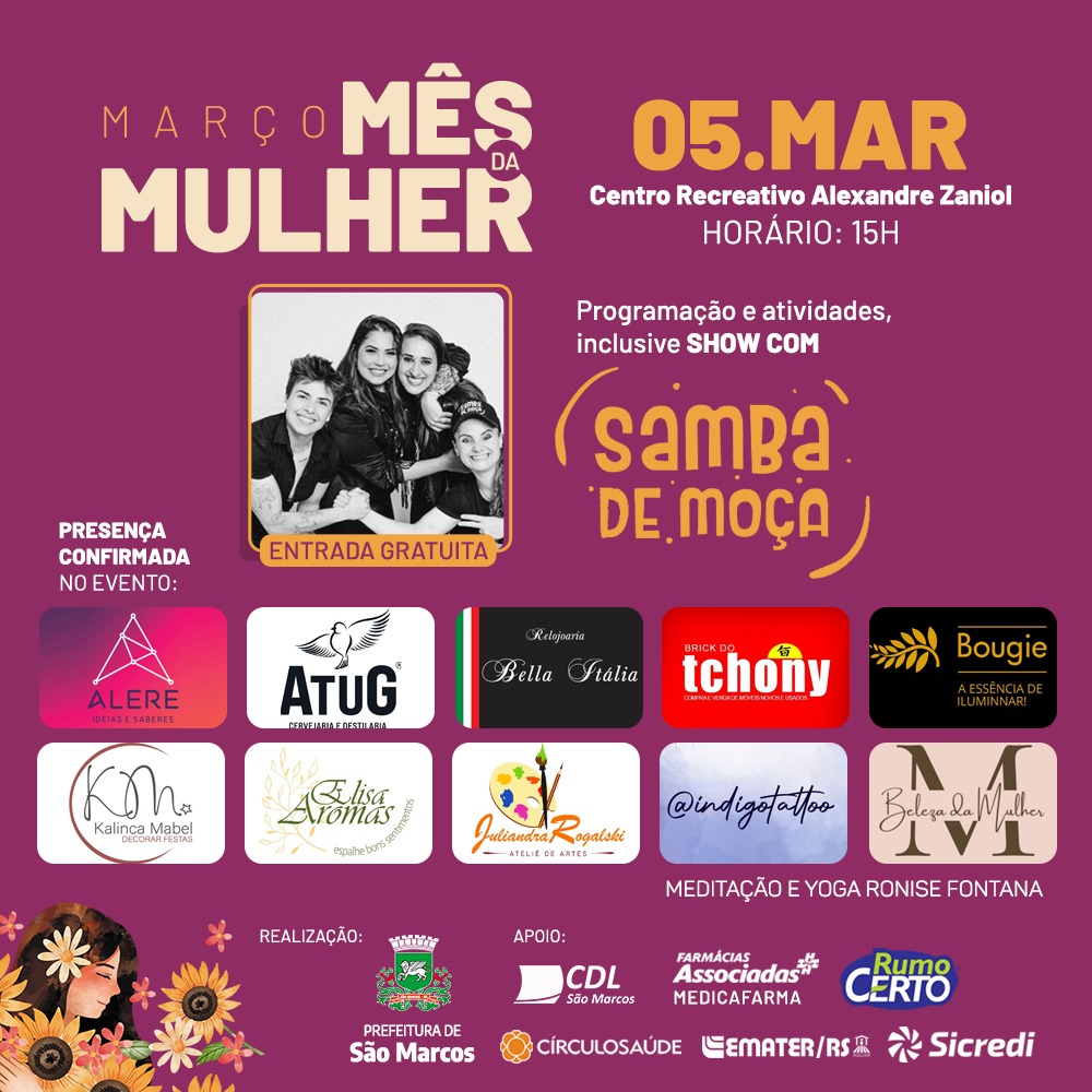 Programação do Dia da Mulher São-Marquense inicia neste fim de semana com Torneio de Vôlei e show da banda Samba de Moça