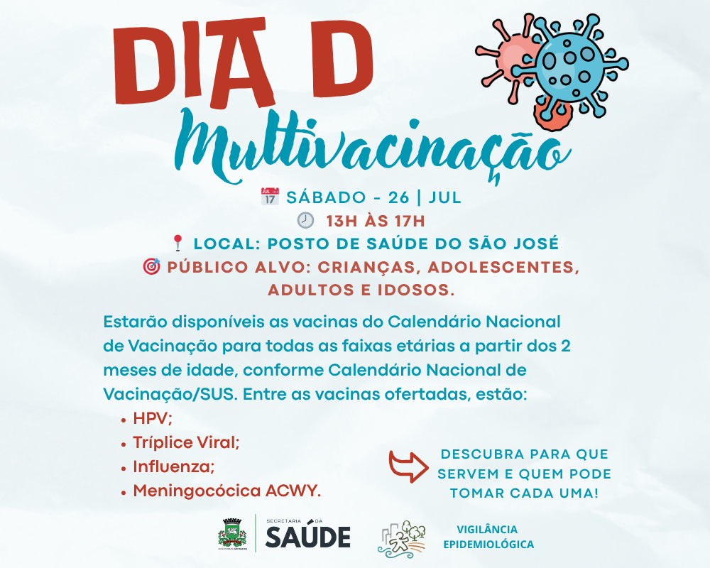 Secretaria de Saúde realiza Dia D de Multivacinação neste sábado, 26 de julho