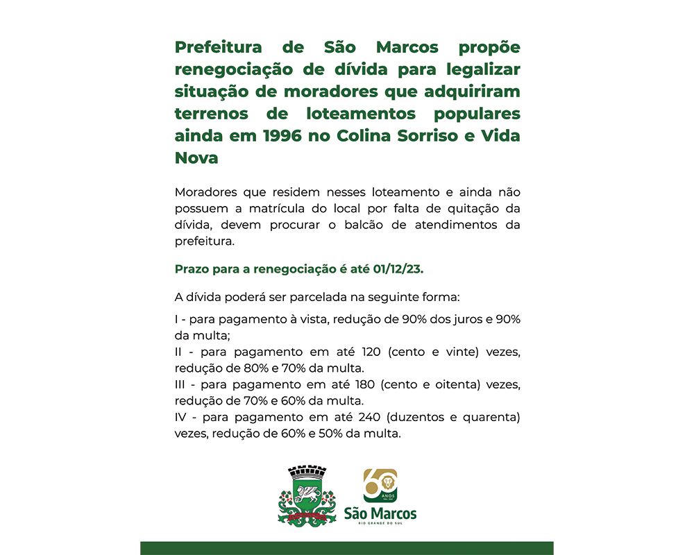 Prefeitura de São Marcos propõe renegociação de dívida para legalizar situação de moradores que adquiriram terrenos de loteamentos populares ainda em 1996