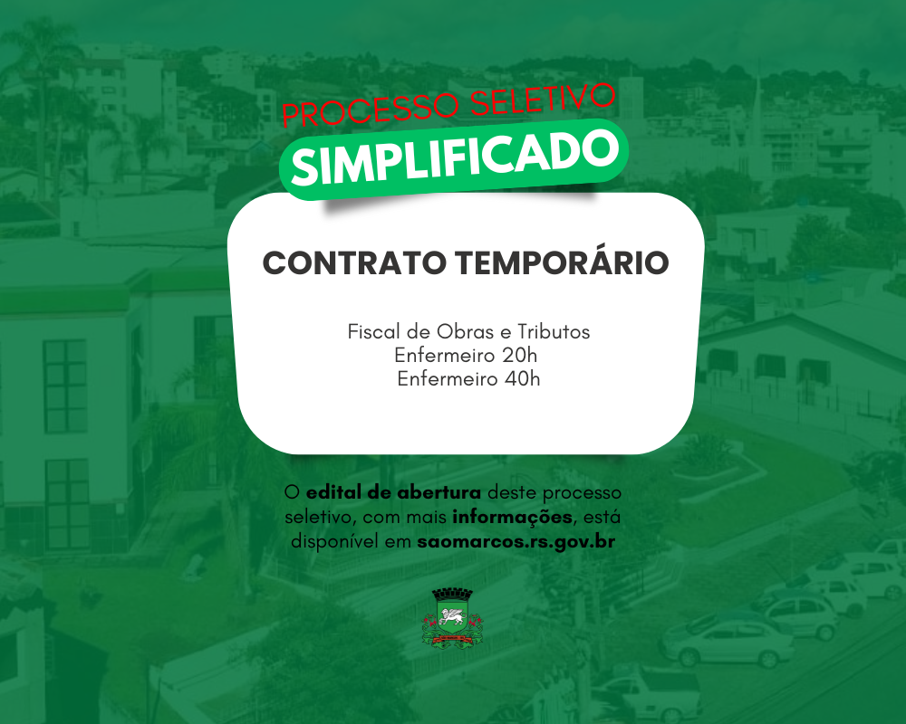 Prefeitura abre Processo Seletivo Simplificado para Enfermeiro e Fiscal de Obras e Tributos