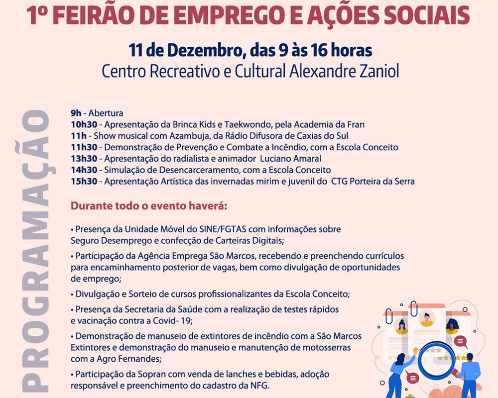 Sábado (11) acontece em São Marcos o 1º Feirão de Emprego e Ações Sociais